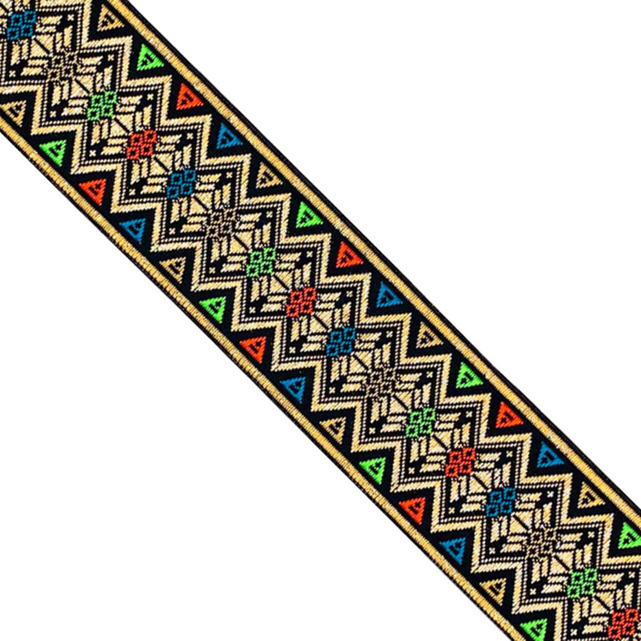 Designer’s Shop JL 131 Metallic Jacquard Trim – 2” x 7 Yards, Native Bohemian Ribbon, Colorful Tribal Woven Braid